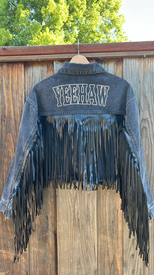 Yeehaw Embroidered Vintage Wash Denim Fringe Jacket