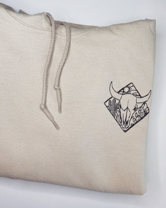 Desert Cow Skull Embroidered Hoodie Sweatshirt