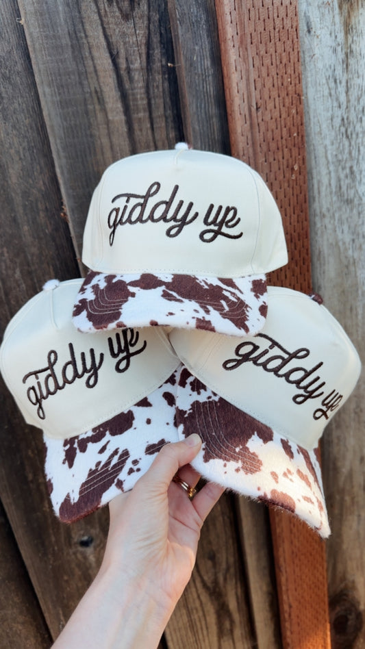 Cowprint Giddy Up Embroidered Snapback Hat